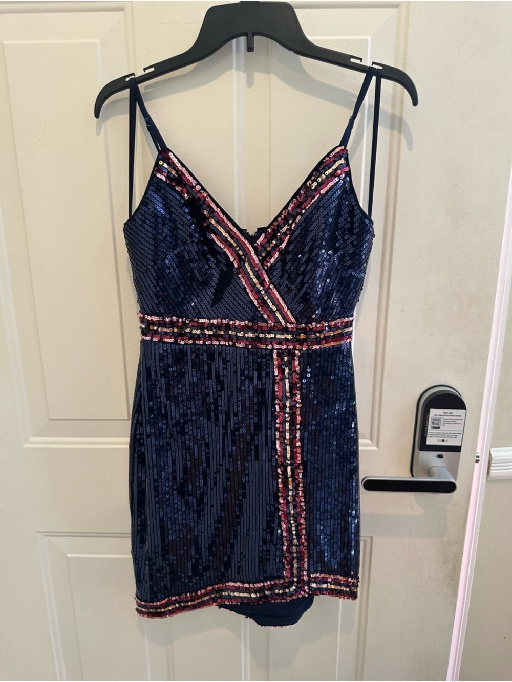 BCBGMaxAzria Navy Sequin Mini Dress with Pink Trim